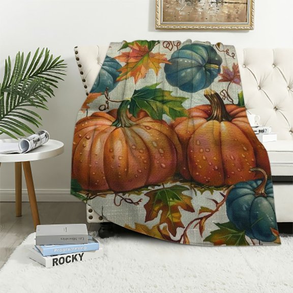 BCIIG Pumpkins Leaves Vine Warm Lightweight Blanket Soft Fleece Blankets Throw for Living Rooms Sofa Decor Cow Gifts All Seasons 40x50in