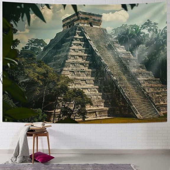 BCIIG Pyramid Tapestry Ancient Greek Mayan Culture Chichen Itza Ruins Tapestry Retro Style Historical Art Hanging Wall Decoration Large Size Room Bedroom GTXZJRC124