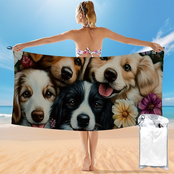 BCIIG Quick Dry Bath Towel - Ultra-Fine Fiber Towel for Beach Vacations and Outdoor Recreation, Dogs and Flowers Theme, 27.5x55in 55x27.5in