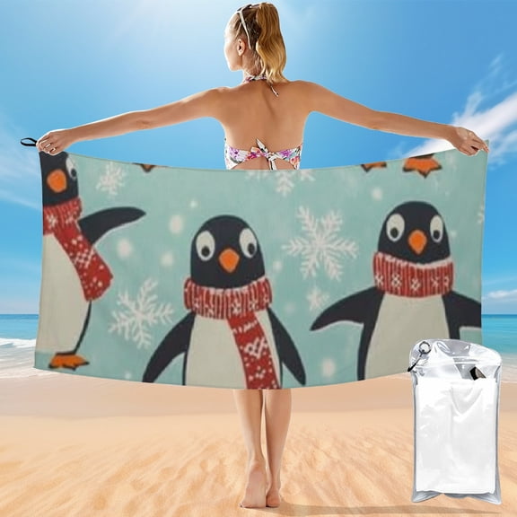 BCIIG Quick Dry Bath Towel with Penguins, Scarves, Hats Theme 27.5x55in Ultra-Fine Fiber Towel for Beach Vacations, Outdoor Recreation 55x27.5in