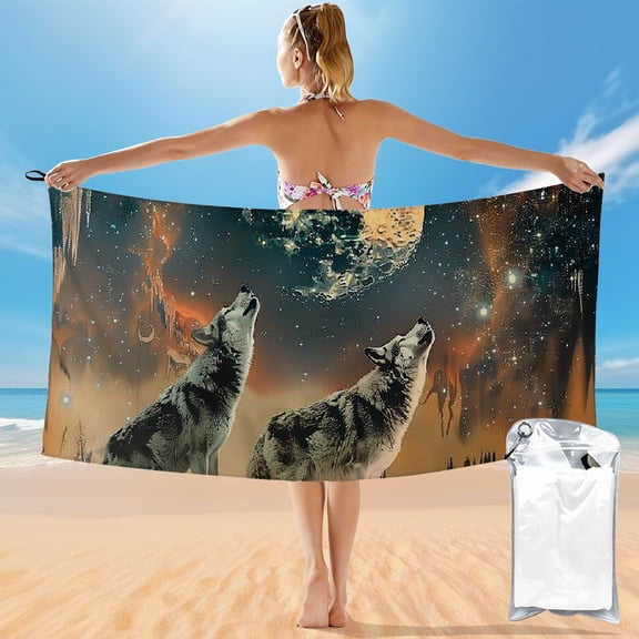 BCIIG Quick Dry Bath Towel with Wolves Full Moon Space Art, Ultra-Fine Fiber Towel for Beach Vacations and Outdoor Recreation, 27.5x55in 55x27.5in