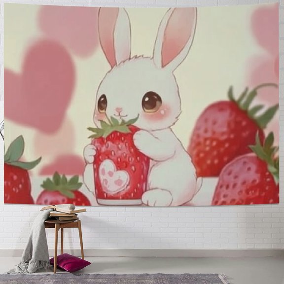 BCIIG Rabbit Strawberry Cute Tapestry with Unique Style Pattern, Suitable for Wall Decoration Art for Living Room, Bedroom, Apartment, Cottage, Dormitory.