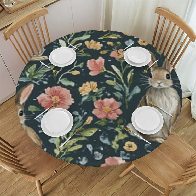 BCIIG Rabbits Flowers Pattern Round Table Cover Stain Resistant