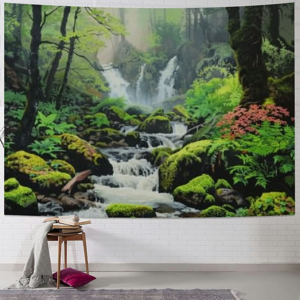 Misty Forest Tapestry Magical Nature Green Tree Wall Tapestry Rainforest Landscape Tapestry Wall Hanging Bohemian Psychedelic Tapestry For Bedroom Living Room Dorm (XL-70.8" × 94.5", Forest