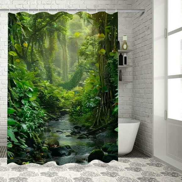 BCIIG Rainforest Shower Curtain Green Tree Forest Jungle Plant Tropical Summer Nature Scenery Landscape Bathroom Home Curtain with Hooks