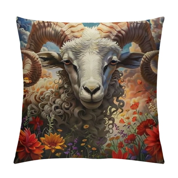 BCIIG Ram Goat's-Head Flowers Graphic Decorative Cushion Cover for Home Couch Living Room Sofa - Short Plush Material 18x18in