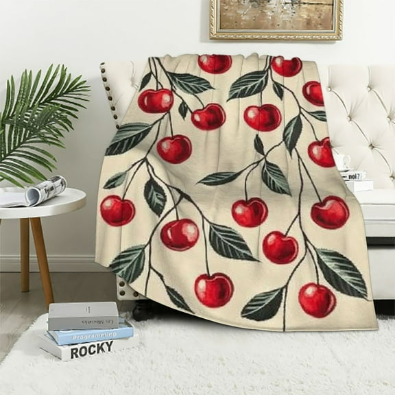 BCIIG Red Cherry Blanket - Soft Lightweight Cozy Fruit Flannel Throw Blanket for Adults Kids Women Girls, Fuzzy Warm Blankets for Couch, Bed, Travel, Outdoor Use, Home Decor   40x50in