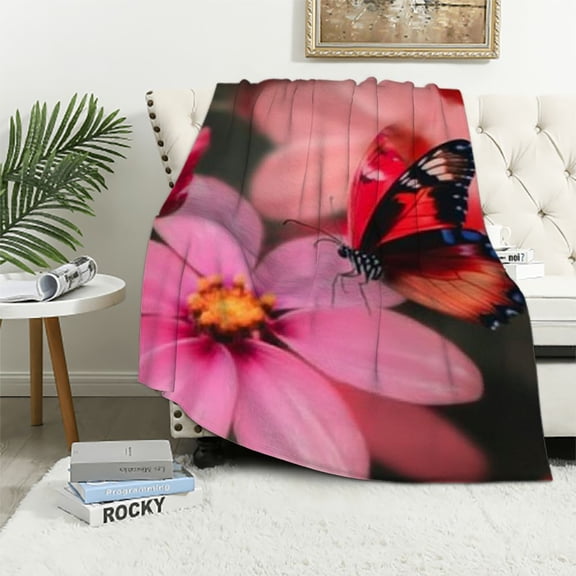 BCIIG Red Flower and Butterfly Blanket Ultra-Soft Micro Throw Blanket Microfiber Blanket All Seasons Warm Air Conditioner Blanket Lightweight Flannel Blankets for Bed Couch 60x80in