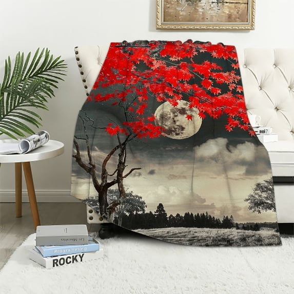 BCIIG Red Leaves Full Moon Warm Lightweight Blanket Soft Fleece Blankets Throw Living Rooms Sofa Decor Cow Gifts All Seasons Super Soft Blanket 40x50in