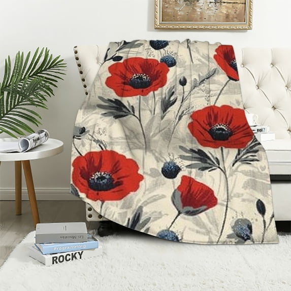 BCIIG Red Poppy Flowers Throw Blankets Bright Flower Flannel Blanket Throw for Adults,Flower Theme Lightweight Soft Cozy Blanket for Couch Sofa Bed Room Decor 40x50in