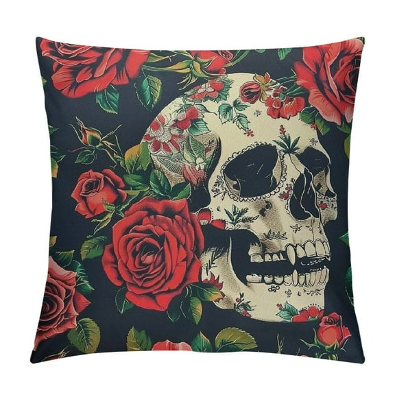 BCIIG Red Rose Flower Pillow Cover Gothic Exotic Style Sugar Skull Decorative Pillow Cover Double Sides Print Romantic Floral Valentine's Day Gift Throw Pillow Cover for Sofa Decor,Single Pack,18"x18"