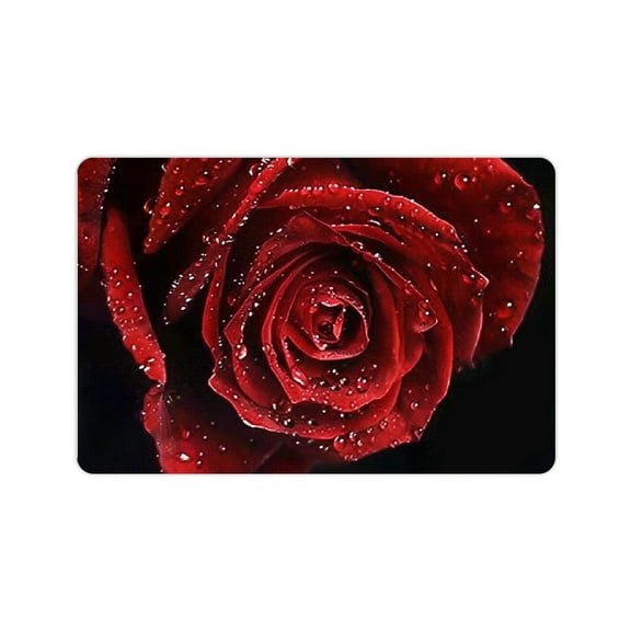 BCIIG Red Rose Water Droplets Black Background Home Diatom Mud Bath Rug Mat 24x16in