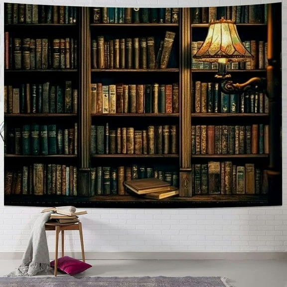 BCIIG Retro Bookshelf Wall Tapestry, Vintage Books Study Library Tapestries for College Dorm Bedroom Magic Caslte Backdrop 40x30inch