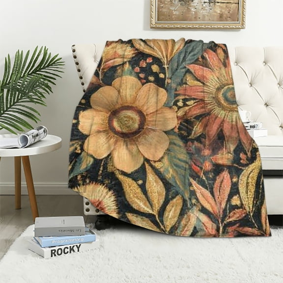 BCIIG Retro Floral Throw Blanket, ,Soft,Lightweight Flannel,Vintage Autumn Tones Flower on Black Blankets - Gifts for Girls Women,for Couch Office Travel,Home Living Room Boho Decor 40x50in