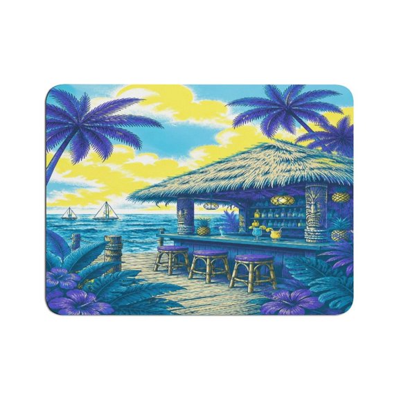 BCIIG Retro Screen Print Tiki Beach Bar Palm Tree Ocean Sailboat Tropical Hibiscus Seamless Pattern Mouse Pad, Square Smooth Surface Desk Mat, Stitched Edge for Office, Laptop, Computer, Home,