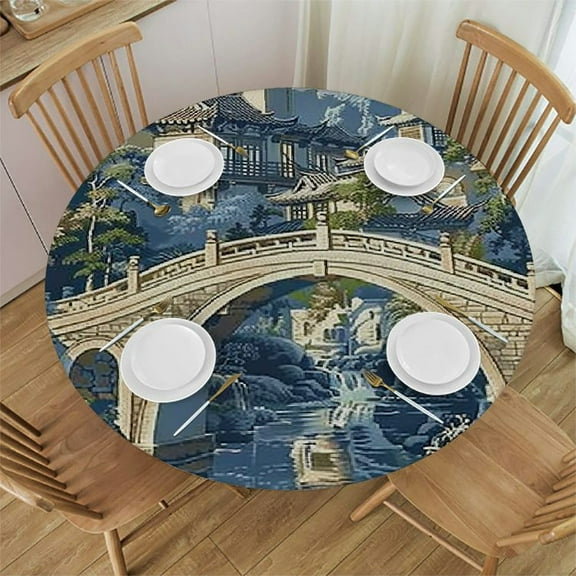 BCIIG River Bridge Building Round Table Cover Stain Resistant Washable 100% Polyester with Elastic Edge Waterproof for Indoor Outdoor Kitchen Dining Wedding Parties 31"-35