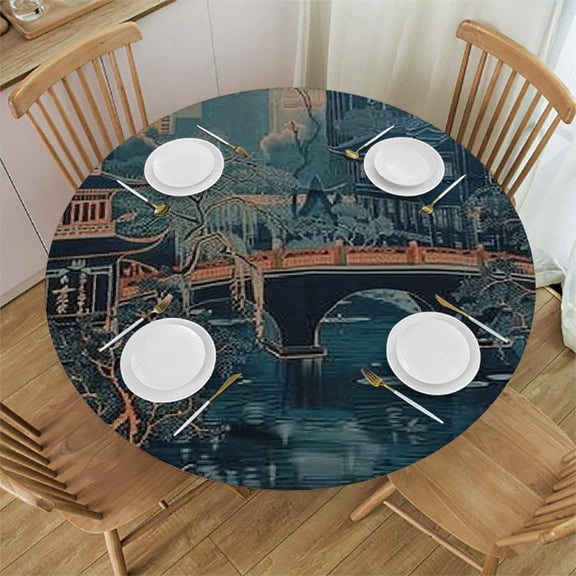 BCIIG River Bridge Buildings Round Table Cover Stain Resistant Washable Indoor Outdoor Tablecloth Kitchen Dining Wedding Parties 100% Polyester Table Cover with Elastic Edge 31"-35