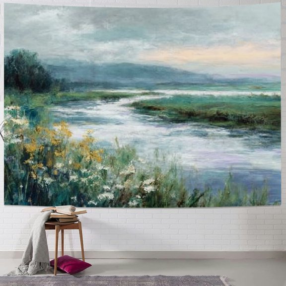 BCIIG River Flowers Clouds Tapestry Wall Hanging Home Decor Art 60x50inch