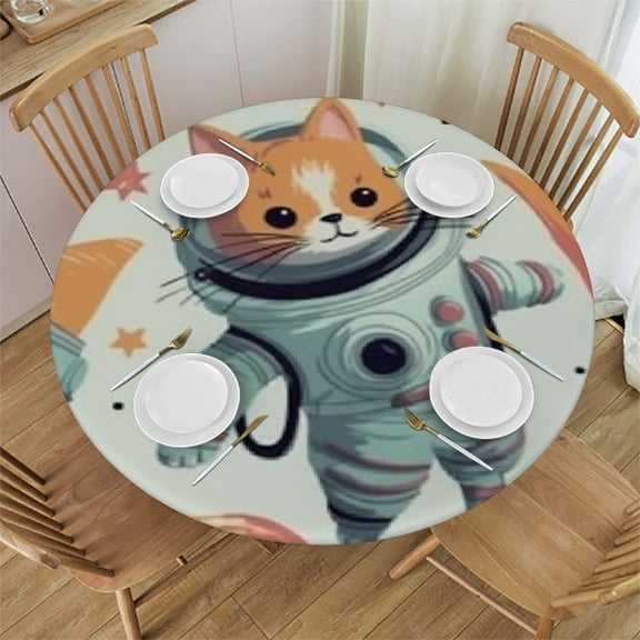 BCIIG Rocket Cat Round Tablecloth, Stain Resistant & Washable, Perfect for Indoor/Outdoor, Kitchen, Dining, Wedding, Parties, 100% Polyester Waterproof Fabric, Outdoor Fitted 54"-58