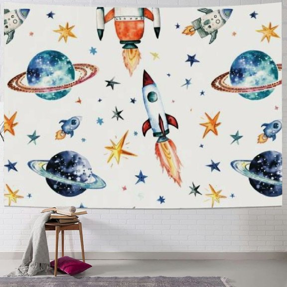 BCIIG Rocket Kids Tapestry,Cartoon Astronaut Wall Hanging Art,Boys Girls Teens Adults Room Decor,Space Ship Galaxy Stars Theme Wall Blanket,White Cartoon Porch Hangingst, 40x30inch