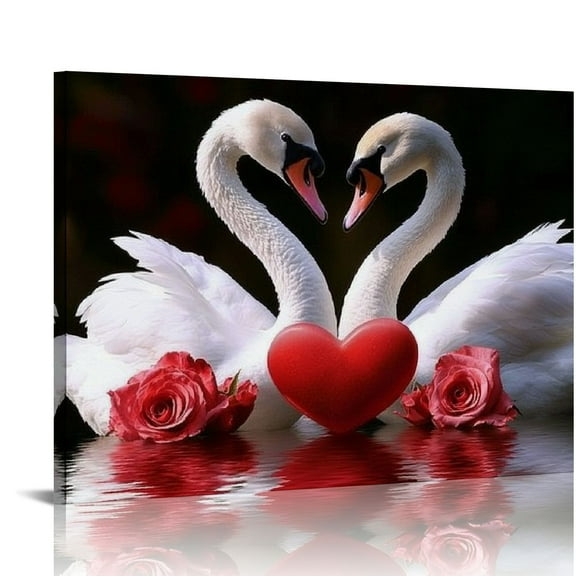 BCIIG Romantic Swan Wall Art Swan Couple on Water Painting Two Swan Pictures Elegant Animal Canvas Prints Love Wall Decor For Bedroom Home 20x16in