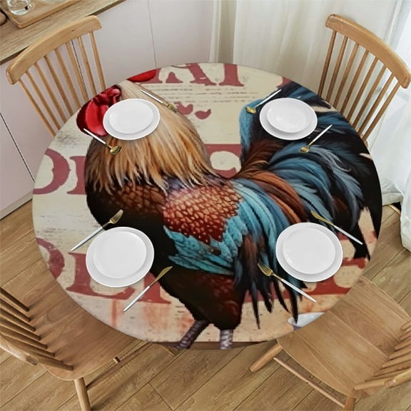 BCIIG Rooster Cafe Sign Round Table Cover Stain Resistant Washable Indoor Outdoor Kitchen Dining Wedding Parties 100% Polyester Fiber 31"-35