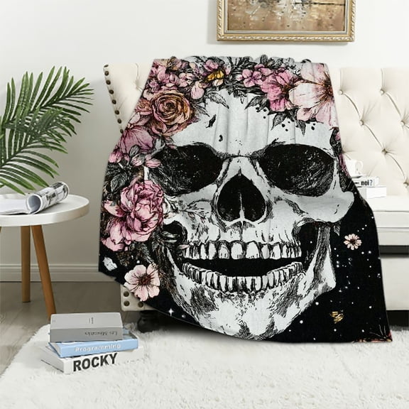 BCIIG Roses Butterfly Skeleton Boho Blanket,Sun Moon Starry Sky Mushroom Trippy Throw Flannel Blanket for Room Decor,Skull Lightweight Blanket for Sofa Couch,Queen 60x80in