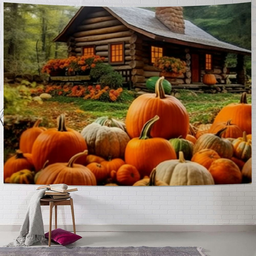 BCIIG Rustic Autumn Cabin Tapestry, Fall Harvest Pumpkins Decorations