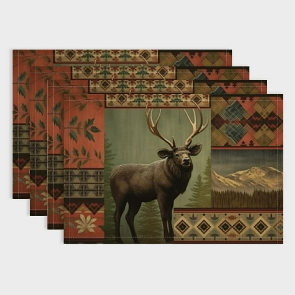 BCIIG Rustic Lodge Bear Deer Placemats Set of 4, Vintage Cabin Pine Cone Wild Animal Place Mats Boho Style Country Heat Resistant Table Mats for Holiday Party Kitchen Dining Table 18x12in