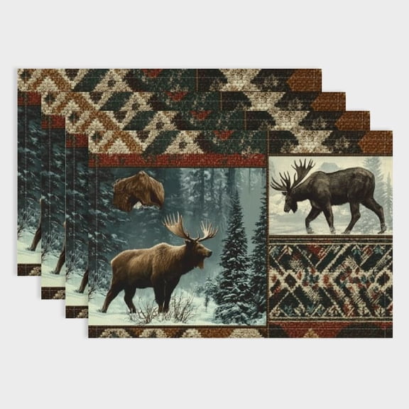 BCIIG Rustic Lodge Bear Deer Set of 4, Vintage Cabin Pine Cone Wild Animal Place Mats Boho Style Country Heat Resistant Table Mats for Holiday Party Kitchen Dining Table 18x12in
