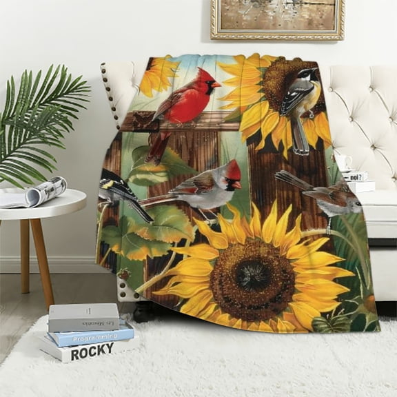 BCIIG Rustic Sunflowers Floral Cardinal Birds Fleece Blanket Lightweight Cozy Ultra-Soft Throw Blanket Microfiber Blankets All Seasons for Home Bedroom Couch Sofa Travel White
