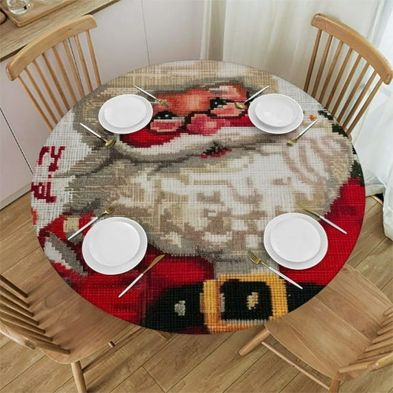 BCIIG Santa Claus Christmas Cross Stitch Round Tablecloth, Stain Resistant & Washable, Perfect for Indoor/Outdoor Dining, Parties, Holiday Dinner, 100% Polyester Fiber, Home Kitchen Decor 54"-58
