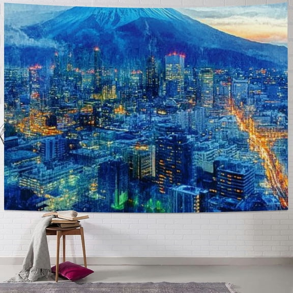 BCIIG Scenery Tapestry, Skyline of Mt. Hill and Yokohama Japan Financial District Mountain Volcano Landscape, Wide Wall Hanging for Bedroom Living Room Dorm, 40x30inch