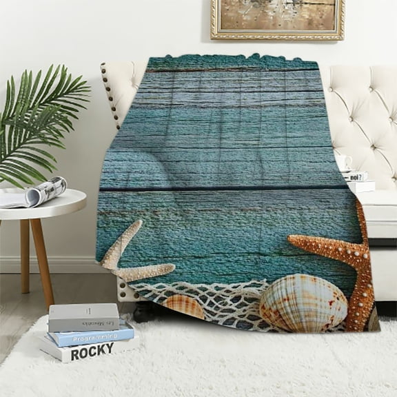 BCIIG Sea Shells Starfish Wooden Surface Soft Fleece Blanket Lightweight Throw Blanket for Living Rooms Sofa Decor All Seasons 50x60in