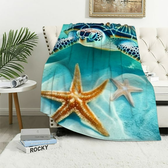 BCIIG   Sea Turtle Blanket Twin  Vintage Tortoise  Blanket for Kids Boys Girls Blue Beach Starfish Ocean Throw Blanket Marine Animal Flannel Blanket for Sofa Bed Couch 40x50in
