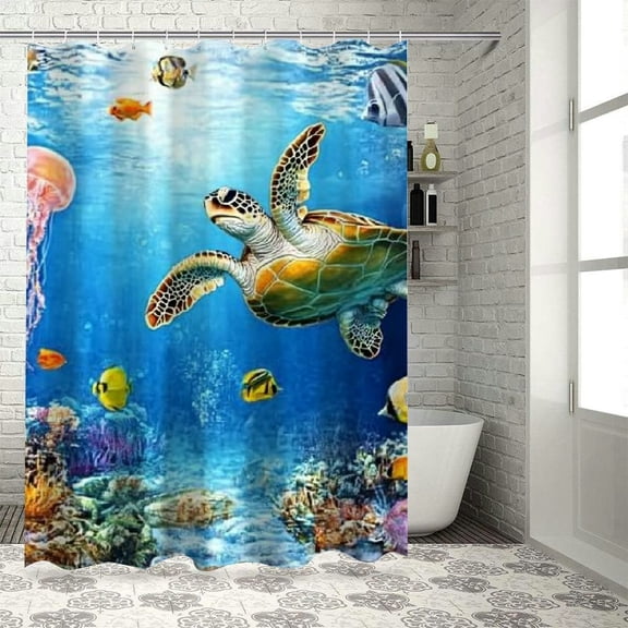 BCIIG Sea Turtle Fish Jellyfish Bathroom Decor Set with Hooks - Colorful Luxurious Graphic Print Polyester Fabric Shower Curtain for Bathroom Decoration, Chic Modern Design 36"x72