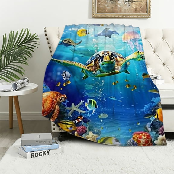 BCIIG Sea Turtle Fish Jellyfish Warm Lightweight Blanket Soft Fleece Throw Blanket For All Seasons Living Rooms Sofa Decor Cow Gifts Blanket 40x50in