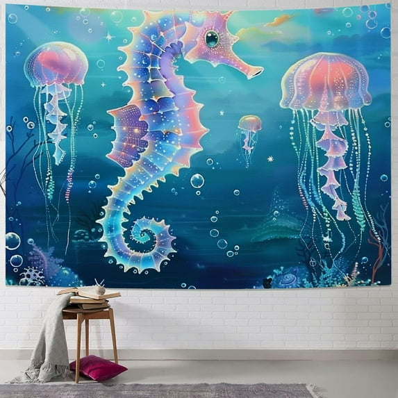 BCIIG Seahorse Jellyfish Ocean Tapestry Wall Hanging Unique Style Graphic Tapestries Home Wall Decor Art for Living Room Bedroom Farmhouse Dorm 50x40inch