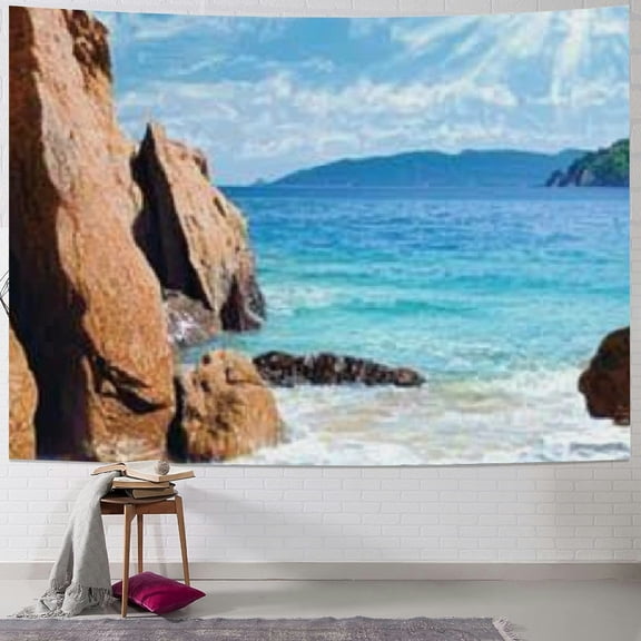 BCIIG Seaside Landscape Background Spring Sunshine Coast Rocks Seashore Island Landscape Suitable for living room background wall decoration tapestry 40x60inch