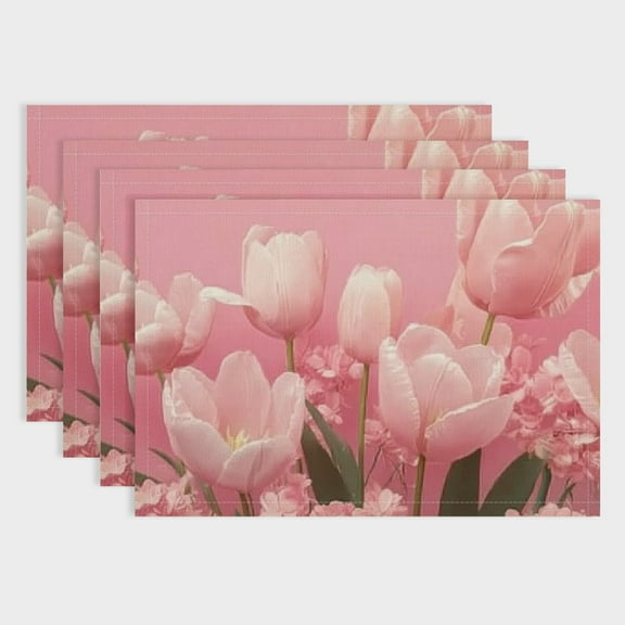 BCIIG Set of 4 Girly Tulip Pink Tulip Place Mats Jungle Flowers Table Mats for Kids Teens Girls Spring Rustic Garden Waterproof for Dining Table 18x12in