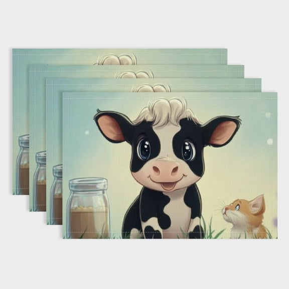 BCIIG Set of 4 Kawaii Cow Table Mats Cute White Black Cattle Place Mats Milk Cow Spots Funny Farmhouse Animal Waterproof for Kids Boys Girls,Heat Resisting 18x12in