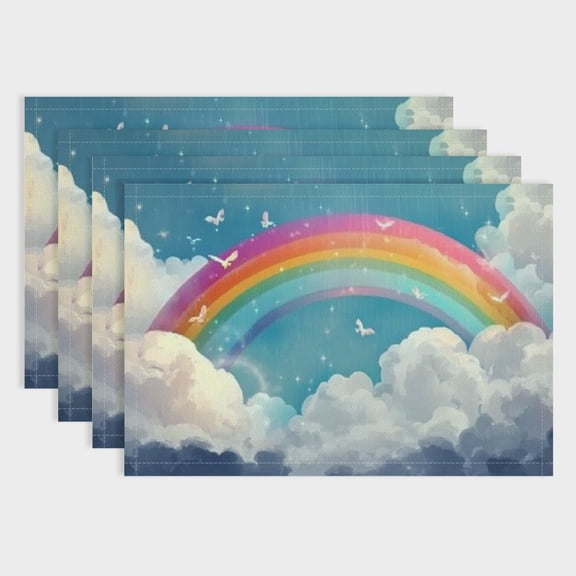 BCIIG Set of 4 Kids Rainbow  Table Mats  Rainbow Place Mats for Teens Child Girls Kawaii White Cloud  Blue Galaxy Sky Waterproof  Heat Resisting 18x12in