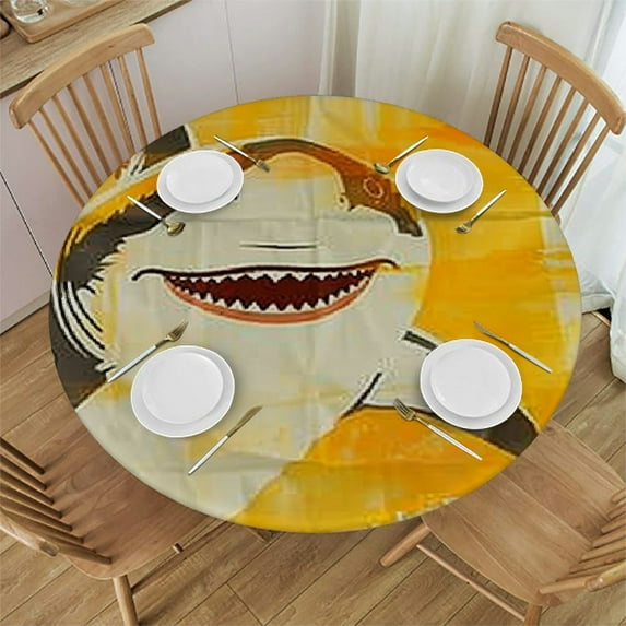 BCIIG Shark Palm Trees Flag Round Table Cover Stain Resistant Washable Indoor Outdoor Tablecloth Kitchen Dining Wedding Parties 100% Polyester Waterproof Fabric 38"-42