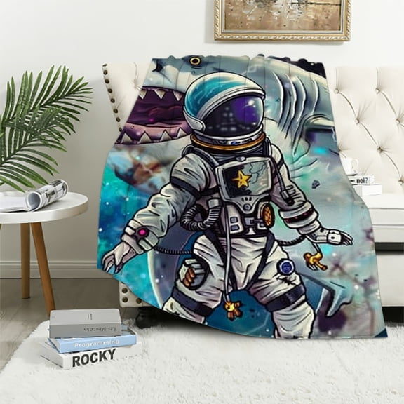 BCIIG Shark Space Ship Space Suit Warm Lightweight Blanket Soft Fleece Blanket for All Seasons, Throw Blanket for Living Rooms Sofa Decor Cow Gifts, All Seasons Lightweight Soft Blanket 60x80in