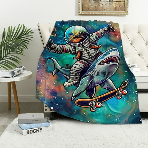 BCIIG Shark Space Suit Skateboard Warm Lightweight Blanket Soft Fleece Blankets All Seasons Living Rooms Sofa Decor Cow Gifts Blanket 60x80in