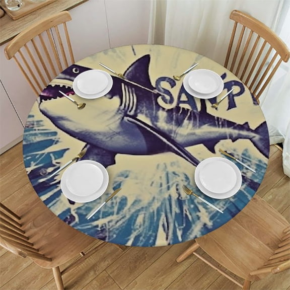 BCIIG Shark Sunburst Round Table Cover Stain Resistant Washable Indoor Outdoor Tablecloth Kitchen Dining Wedding Parties 100% Polyester for Picnic Dining Kitchen Farmhouse Elastic Edge 42"-46