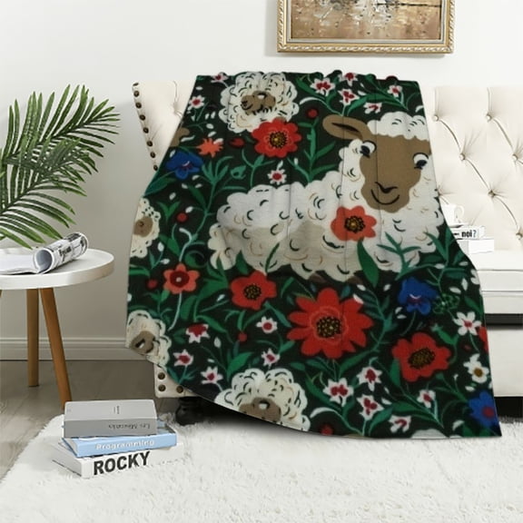 BCIIG Sheep Flowers Kitsch Movement Warm Lightweight Blanket Soft Fleece Blankets Throw Blanket for Living Rooms Sofa Decor Cow Gifts All Seasons 60x80in