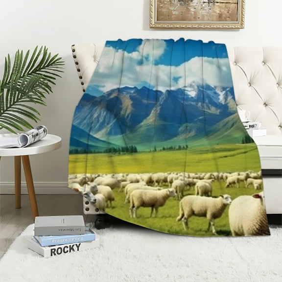 BCIIG Sheep Grass Mountains Warm Lightweight Fleece Blanket Soft Flannel Blankets Throw Blanket for Living Rooms Sofa Decor Cow Gifts All Seasons 40x50in