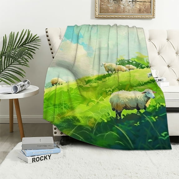 BCIIG Sheep Grassy Hill Warm Lightweight Fleece Blanket Soft Throw Blanket Living Rooms Sofa Decor Cow Gifts All Seasons - Microfiber Polyester 60x80in
