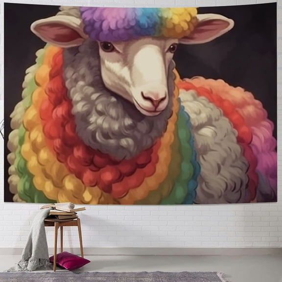 BCIIG Sheep Rainbow Coat Bell Tapestry Wall Hanging Unique Style for Home Decor - Graphic Art for Living Room, Bedroom, Dorm, Farmhouse - 4 Sizes Available 50x40inch